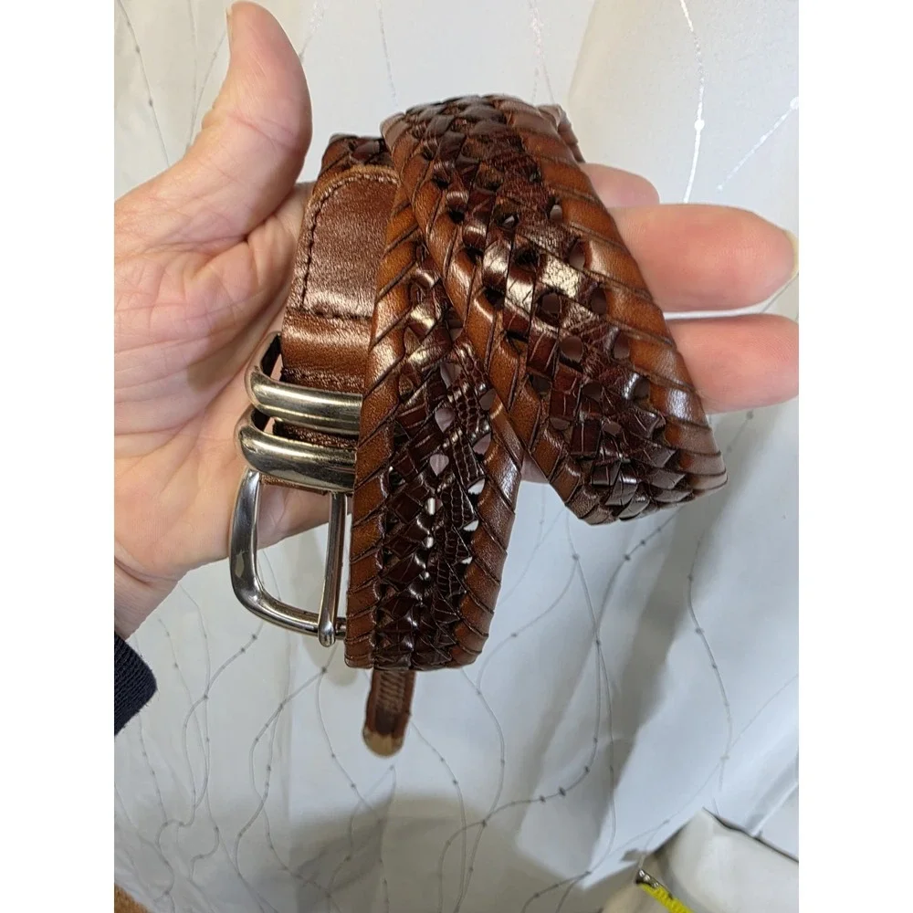 Fossil Genuine Leather Mens Braided Belt 40 Brown Two Tone‎ Solid Brass Buckle
